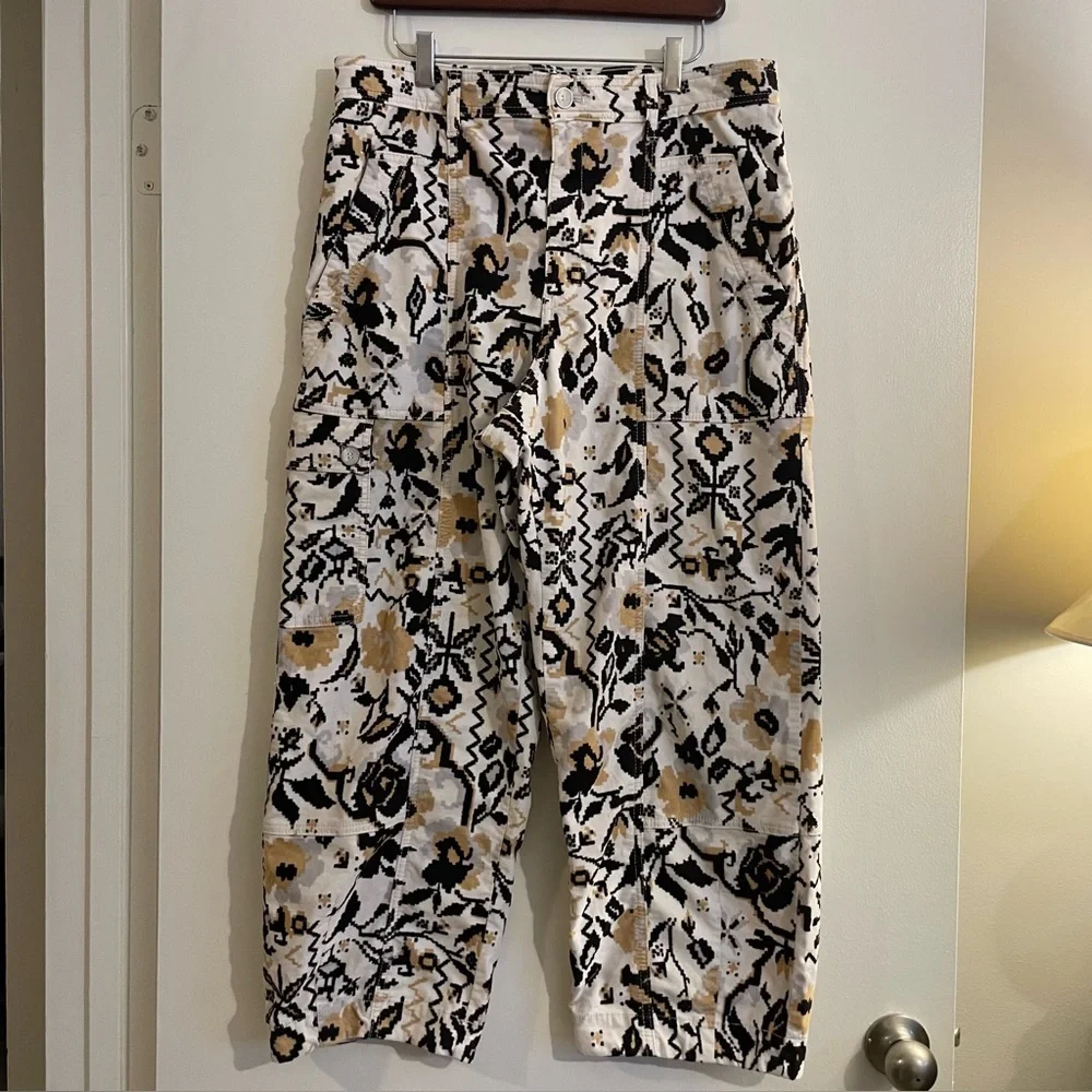 Anthropologie Tapered Floral Corduroy Pants Barrel size 14 - Picture 1 of 7